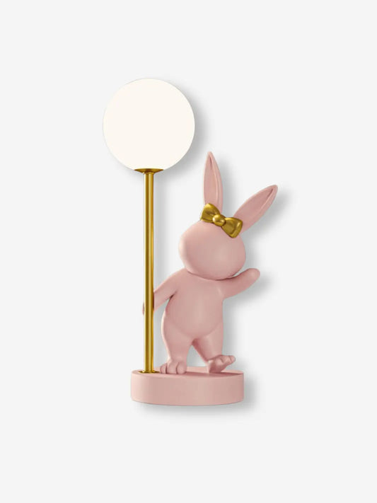 lampe de chevet veilleuse enfant lapin rose avec un lampadaire blanc et or usb