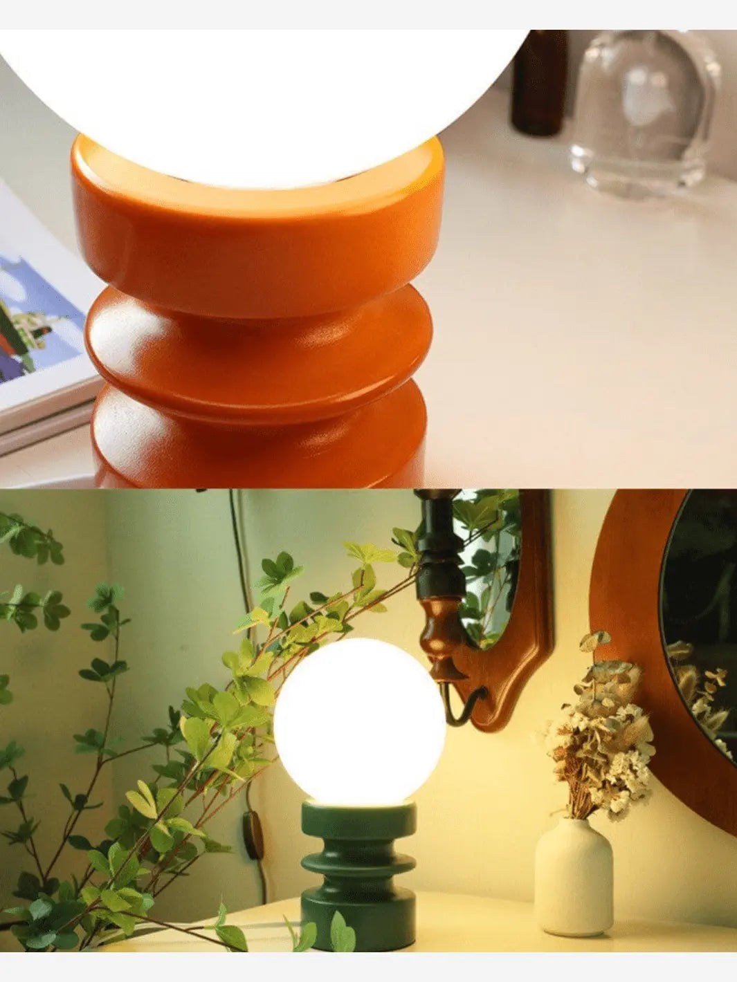 lampe de chevet ceramique posee sur un bureau a cote de plantes