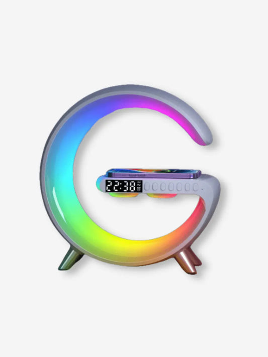 lampe de chevet connectee blanc qui s allume en multicolore faisant egalement reveil chargeur et joue de la musique lorsque l on se connecte via bluetooth