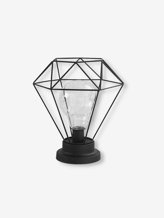 lampe de chevet industrielle en metal en forme de diamant noir pose sur un socle avec une ampoule led a l interieur