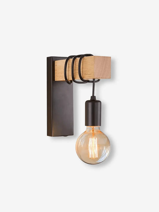 lampe de chevet murale industrielle en bois et metal noir avec ampoule incandescente