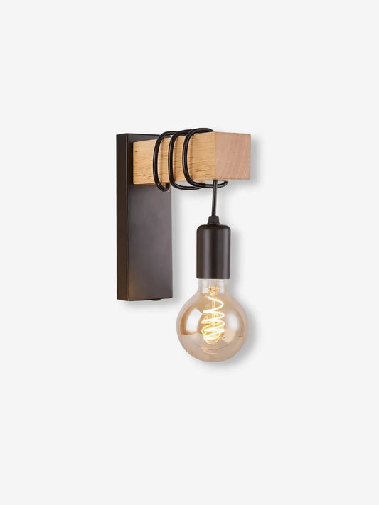 lampe de chevet murale industrielle en bois et metal noir avec ampoule incandescente en tourbillon