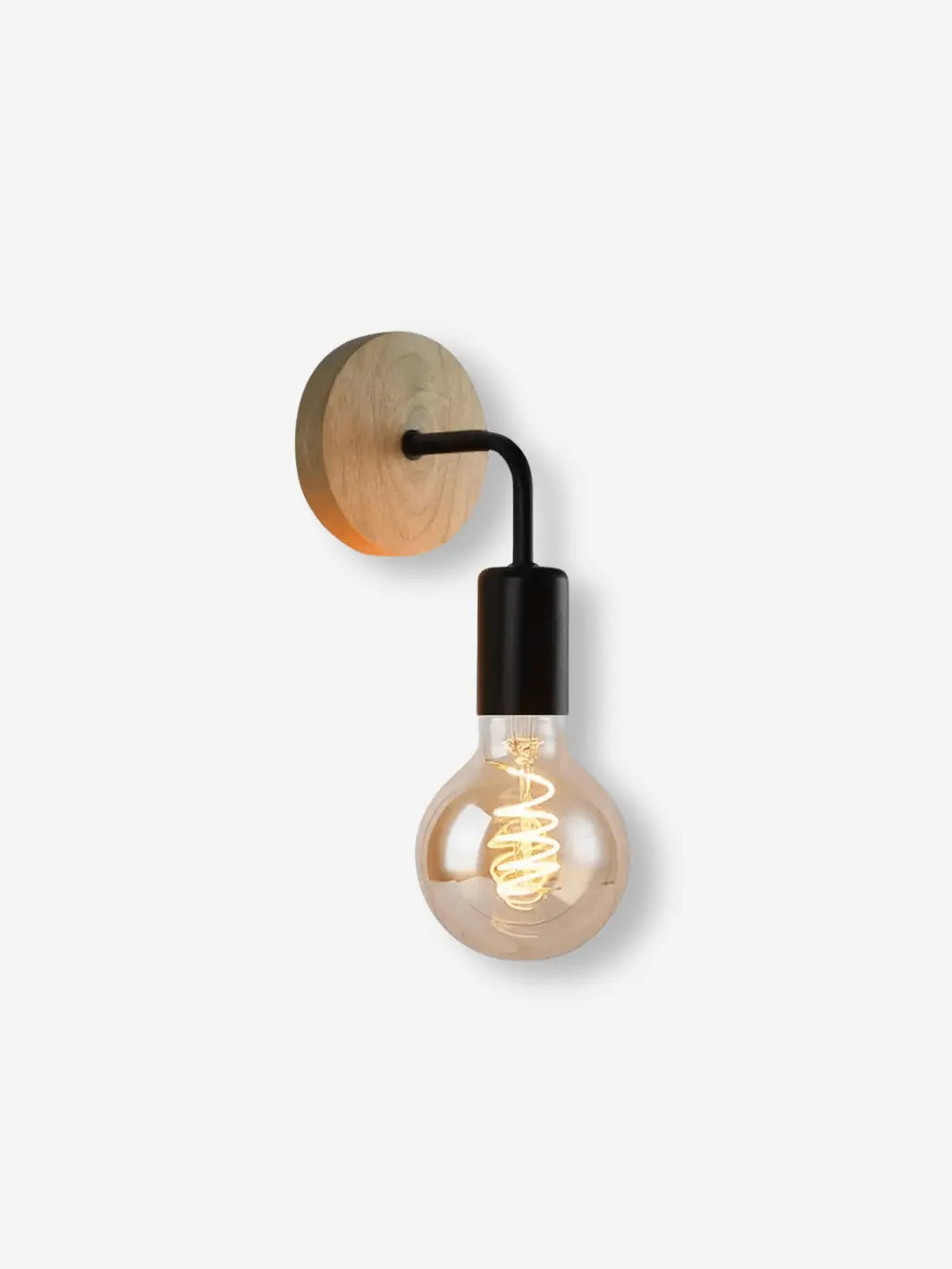 lampe de chevet industrielle murale avec socle en bois et ampoule incandescente en tourbillon