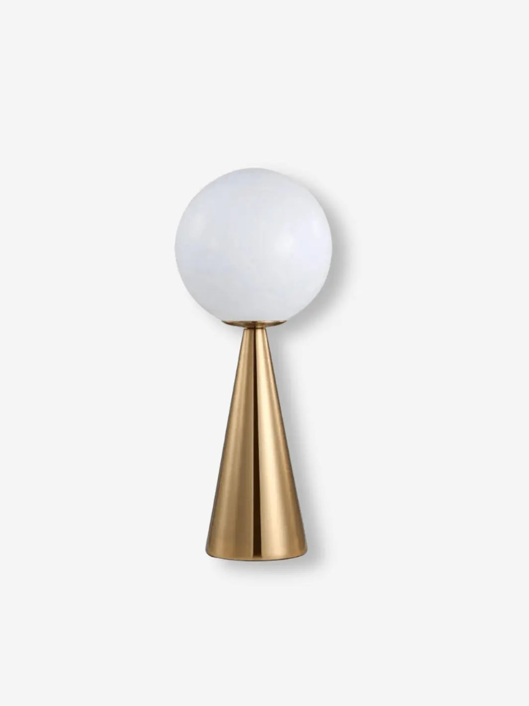 lampe de chevet moderne et design representant un lampadaire avec une boule blanche en tete et un pied en or