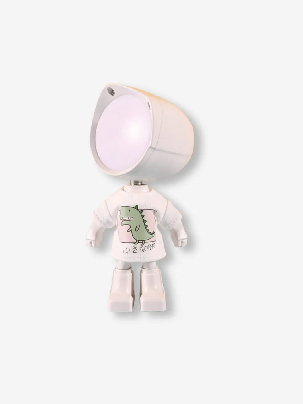 Lampe de chevet rechargeable sans fil pour enfant en forme de robot de couleur blanc avec un pull dinosaure