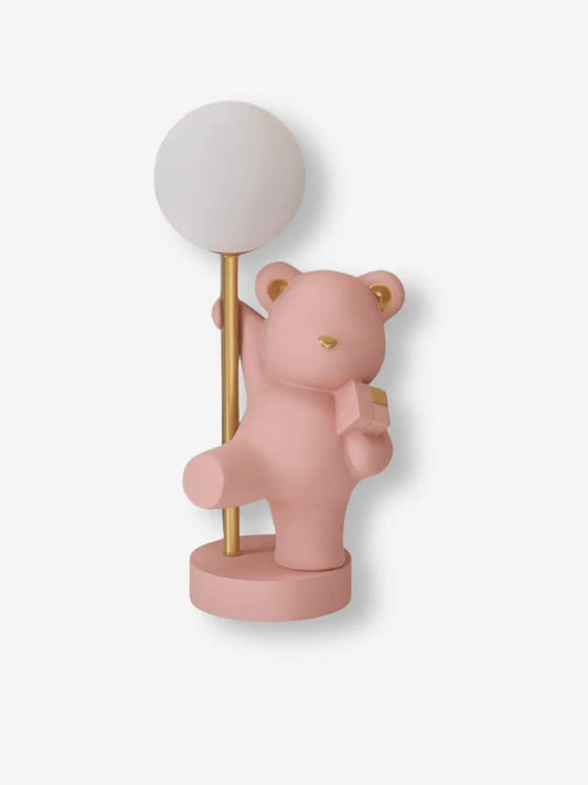 lampe de chevet usb enfant fille garcon ourson rose pastel tenant un rubix cube et un lampadaire or et blanc